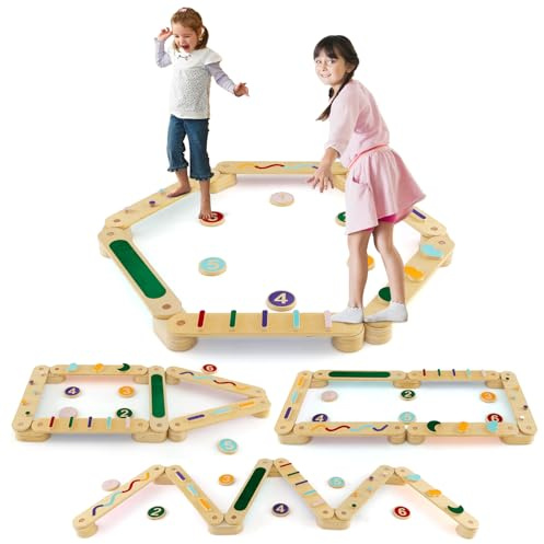 COSTWAY Barra de Equilibrio de Madera, Tablas de Equilibrio Montessori con Piedras, Juego de Juguetes de Equilibrio para Interiores para Coordinación y Habilidades Motoras