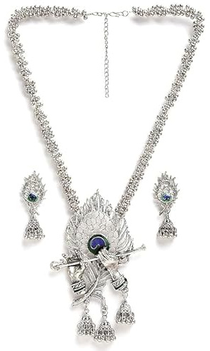 ZOXXIE Krishna Traditional Oxidised Silver Necklace And Earring Set For Women