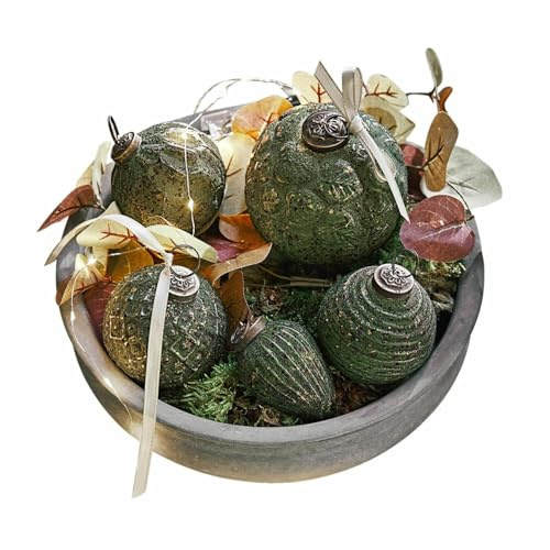 Loberon Weihnachtsschmuck 6er Set Moriches, Mundgeblasen, Unterschiedliche Form & Prägung, Nostalgischer Look, Weihnachten, Christbaumschmuck, Glas, Eisen, grün