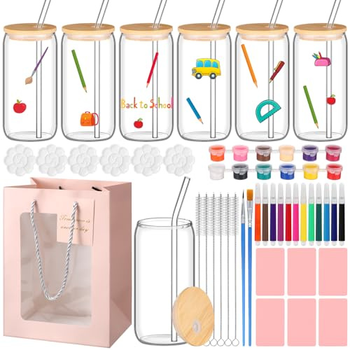 Yetene 54 Pcs Paint Your Own Glass Cup Kit 16 oz 6 Tumbler Wine Glass with Lid and Straw 6 Straw Brushes 6 Gift Bag 6 Card 6 DIY Marker 6 Paint Strip 6 Palette 12 Brush for Adult Women Birthday Gifts