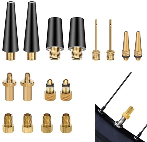 16 Piezas Adaptador Válvula Bicicleta, Adaptador Presta Schrader, Válvulas DV/SV/AV, Adaptadores para Bomba de Inflado, Incluye Agujas para Balones, Boquillas para Piscinas y Colchones Inflables
