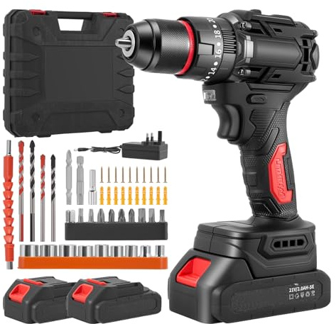 Cordless Combi Drill Set 21V, Battery Drill Brushless Motor 60N·m with 2 Batteries 2.0Ah, 10mm Chuck, 2 Speeds, 20+3 Torque, LED Light, Electric Screwdriver Kit Impact Drill for Masonry Wood Metal