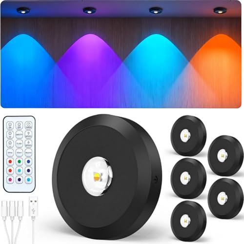 JVURICE Spot Sans Fil Puck Light Petits Spots Lumineux Lampe Lumic Reglette Led Sans Fil 180H RGB Dimmable Rechargeable Minuterie Telecommande Rond Lumiere Pour Cuisine,Armoire,Vitrine
