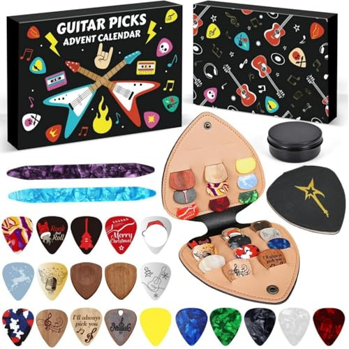 Adventskalender med plektrum - gitarrtillbehör nedräkning, innehåller plektrum och träplockar, musikalisk julklapp för gitarrister, tonåringar