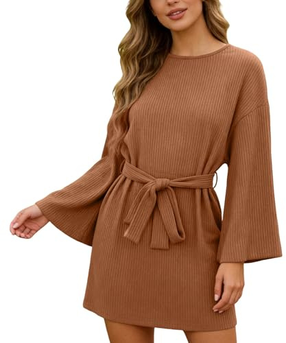 Women's Elegant Long Sleeve Autumn Dress Slim Fit A-line Winter Dress Loose Round Neck Knitted Dress Knee-Length Tunic Dress Soft Comfortable Jumper Dress with Belt Stripes Midi Dress