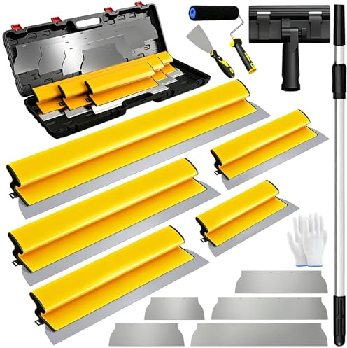 Juego de 16 espátulas de superficie de acero inoxidable, espátula para paneles de yeso de 15-80 cm, con mango telescópico, rodillo de espátula, cuchillo para juntas y guantes, 5 cuchillas de repuesto