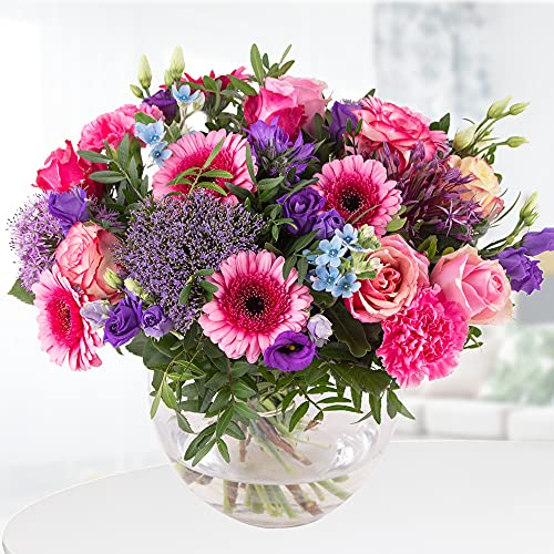 Blumenstrauß Renaissance - Frische Blumen versenden in Rosa, Pink und Violett, handgebunden mit 7-Tage-Frische-Garantie, Gerbera, Lisianthus, Nelken, Rosen und Vergissmeinnicht, Blumenversand