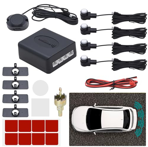 KAOLALI Auto Einparkhilfe 4 Hinten Sensoren, Universal Auto Parksensoren Rückwärtsparkhilfe Einparksystem Audio Buzzer Alarm für Auto, Weiß