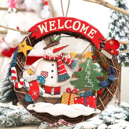NLMWTI Decoración navideña Trenzada, Corona de Puerta Bienvenida para Navidad, Corona Navidad Puerta, Muñeco de Nieve Corona navideña, Decoracion Puerta Navidad