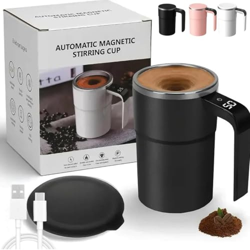SpinBrew Mug – Self-Stirring Magnetic Coffee Cup with Temp Display, Rechargeable Electric Auto Stir Mug for Coffee, Tea, Hot Chocolate, 13oz Leak-Proof Stainless Steel Travel Mug (Black)