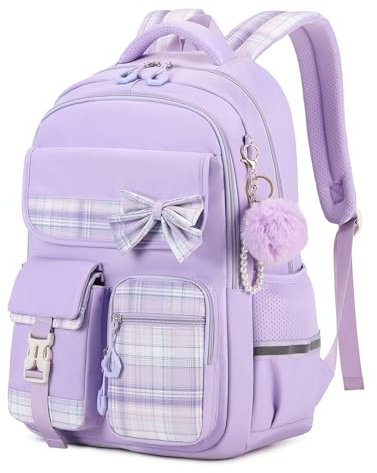 QIXIHU Girls Backpack, Kids Backpack for Girls School Bags with Pen Case, Bow Plaid Book Bag for Elementary Middle Primary High School College
