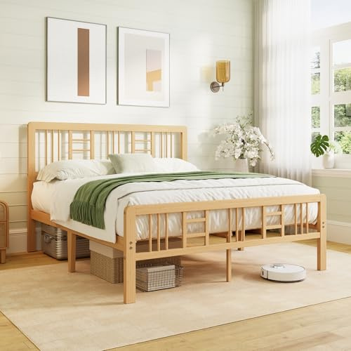 Hunlostten Wooden Bed Frame Double with Headboard - Bamboo Wood Bed Frames with Metal Slats Support and Underbed Storage, Easy to Install, Noise Free, Sturdy, 35.5 cm High