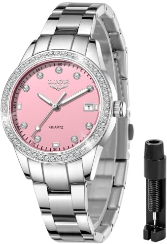 LIGE Montre Femme Quartz Analogique Lunette Strass Cristal Cadran 34mm