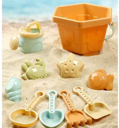 Kids Beach Sand Toy Set 10 Pack, Portable Travel Beach Toys, Sand Bucket & Spade Shovel Moulds,Summer Seaside Garden Backyard Sandpit Play Equipment