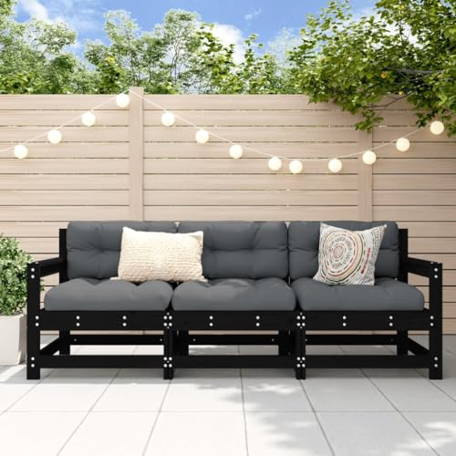 Runheo Salon de Jardin 3 pcs en Bois Massif de pin Noir avec canapé modulable, fauteuils d’Angle et Banquette pour terrasse extérieur Jardin Patio avec accoudoirs Dossier Confortable