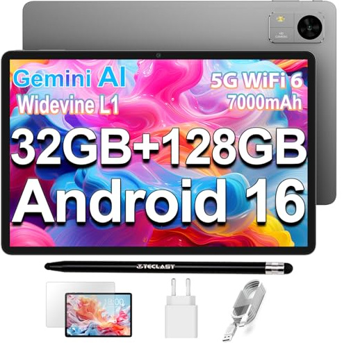 TECLAST M50T Tablet 10.1 Pulgadas Android 16 Tableta Gemini AI, 32GB RAM+128GB ROM+5TB TF, 2GHz Octa-Core, 7000mAh, 2.4G+5G WiFi, BT 5.4/Widevine L1/13MP+5MP/3.5MM/Face ID/OTG, Tablets con Lápiz, 2026