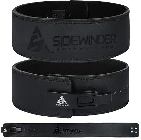 SideWinder Cinturón de cuero para levantamiento de pesas con hebilla de palanca ajustable, cinturón de entrenamiento de gimnasio de 10 mm de grosor, soporte lumbar de espalda de 4 pulgadas para
