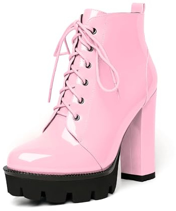 Elashe Femmes Bottines Bout Rond Chunky Bloc Talons Hauts Bottes Bout Fermé Plate-Forme À Lacets Bottes Classique Chaussure 12CM Rose EU44