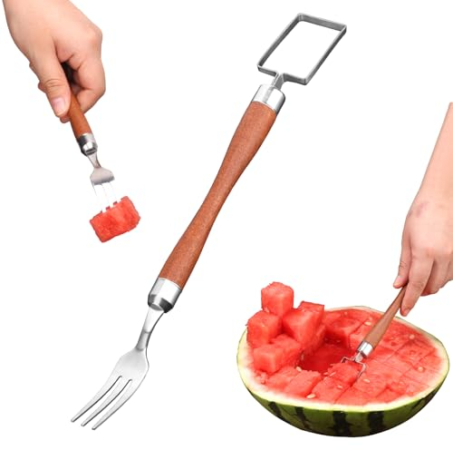 Watermelon Cutter Slicer, 2 in 1 Stainless Steel Fruit Cutter Portable Dual Head Watermelon Fork Cutter Tool for Camping Kitchen Summer Family Party