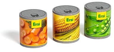 Erzi 18265 Konservendosen Gemüse-Mix aus Holz, Kaufladenartikel für Kinder, Rollenspiele.