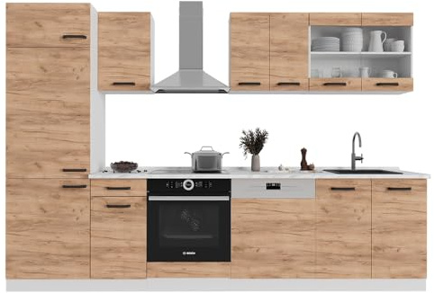 Vicco Küchenzeile R-Line, Goldkraft Eiche/Weiß, 300 cm ohne Arbeitsplatte, zur individuellen Anordnung und Erweiterung der Module geeignet