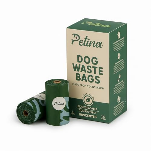 Petina 100% Compostable Dog poo bags - Planet Friendly, Biodegradable, Plant Based Dog Poop Bags Rolls - Eco-Friendly Poo Bags for a Sustainable Future (120 bags/8 Rolls)