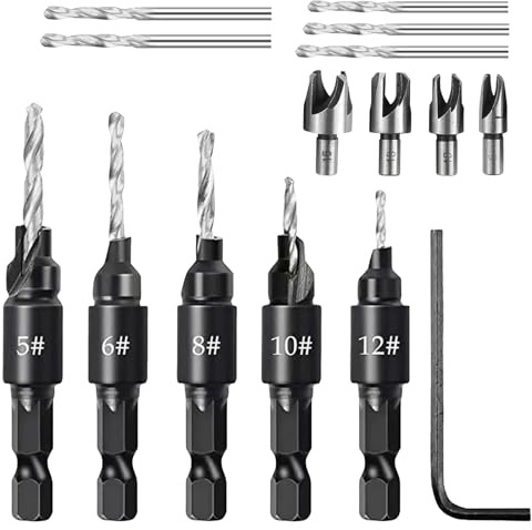 WIYETY Set di 15 punte per trapano a svasatura, #5, #6, #8, #10, #12, per lavorazione del legno, punte elicoidali con svasatore, punta elicoidale con chiave inglese
