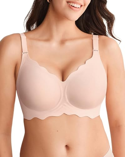 SHARICCA Glatter BH Damen Ohne Bügel Tiefem V-Ausschnitt Push Up BHS Bralette Soft Bequem BH Bügellos Bustier(Rosa-1P02-XL)