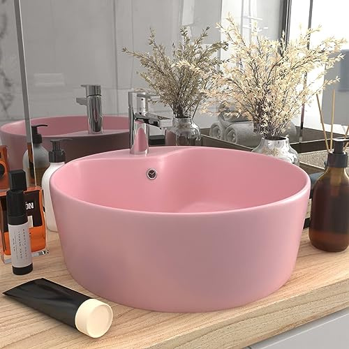 Lavabo de Sobremesa con Rebosadero, Cerámica Rosa Mate, Diseño Redondo y Moderno para Baño, Aseo o Tocador, Orificio para Grifo Incluido, 36x13 cm