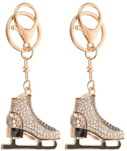 SAFIGLE 2pcs Figure Skating Shoe Key Rings with Rhinestones, Metal Ice Skate Keychains Charm for Women, Cute Bag Pendants Set for Winter Sports Fans