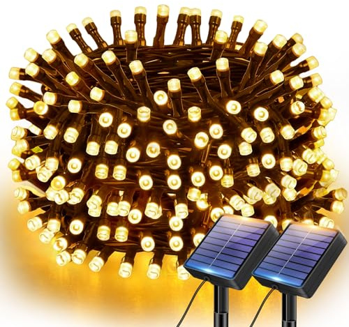 btfarm 2 Pezzi Luci Solari Esterno, 6M 60LED Catena Luminosa Esterno Solare IP65 Impermeabile, 8 Modalità Lucine Natale Esterne Energia Solar Decorative per Giardino Albero Patio, Bianco Caldo