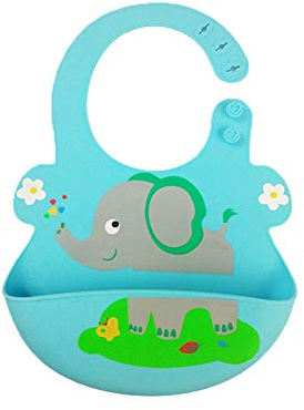 Waterproof Baby Silicone Bibs, Treer Soft Adjustable Roll up Feeding Bibs Drool Bibs Wipe Clean with Food Catcher Pocket for Infants Toddlers (30x16cm,Blue Elephant)
