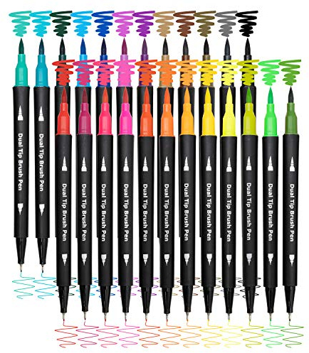 Piochoo Dual Brush Marker Pens,24 Colored Markers,Fine Point and Brush Tip for Adult Coloring Books Bullet Journals Planners,Note Taking Coloring Writing