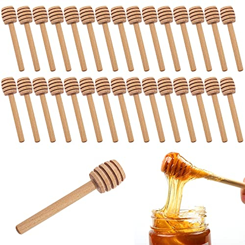 30 Pcs Wooden Honey Sticks, 8.2cm Individually Wrapped Honey Dipper Sticks, Dispense Drizzle Honey, Household Mini Honey Dippers, Honey Spoon, for Jam Honey Collecting Stirring Honey Jar Use