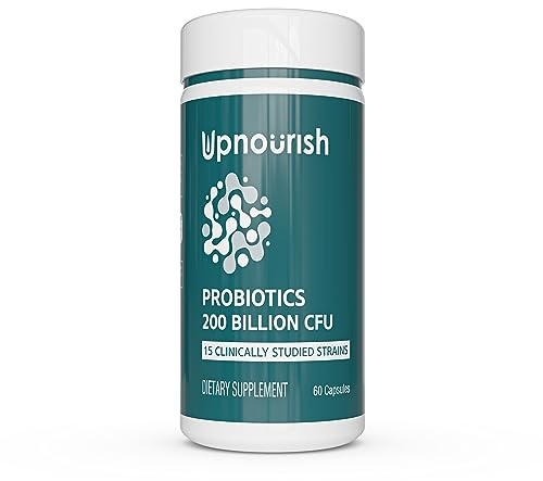 UpNourish Probiotics - 200 Billion CFUs for Men and Women, 15 Clinically Studied Strains, Prebiotics & Enzymes - 60 Vegan Capsules