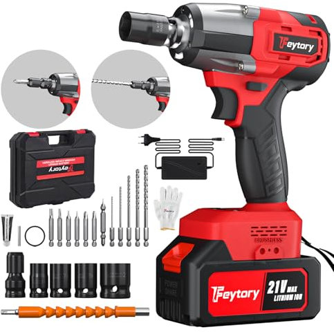 Clé à Chocs Sans Fil Brushless, 550Nm Boulonneuse Electrique avec Batterie 4.0Ah 21V, Visseuse à chocs Fréquence d'impact 2500RPM, avec 4 Douilles à Chocs et 12 Accessoires pour Perceuses