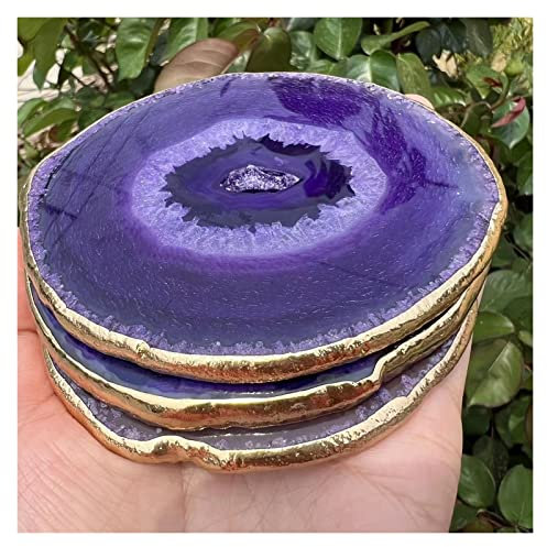 10-11CM Naturel Agate Geode Pièce Isolé Dessous De Verre Cristal Conseil Jade Agate Dessous De Verre avec Plaqué Or Dentelle Garniture Décoration Cristal Collections de la Maison (Size : 4pcs)