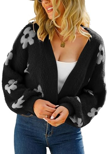 Theenkoln Giacca invernale da donna con fiori, casual, per le mezze stagioni, primavera, autunno, cardigan, cuore, trapuntata, con margherite, a maniche lunghe, maglione di peluche, Nero , XL