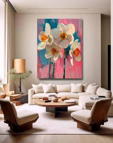 Taxpy Tableaux sur toile peints à la main Peinture à l'huile de fleurs blanches,L,50 * 70cm Décorative Mural Poster Decoration Mur Affiche avec Imprime Cuisine