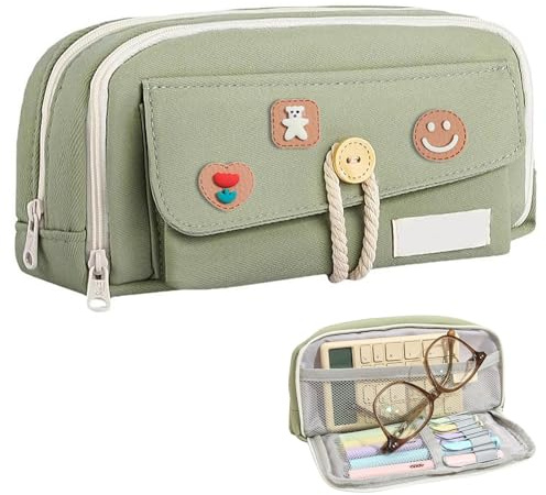 Hshenjhu Estuche Escolar, Estuches de Lápices de Gran Capacidad, Bolsa de Lápices Lona Premium Organizador de Papelería para Niñas Niños Adolescentes Estudiantes Adultos, Verde (B)