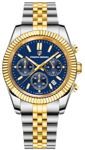 Pagani Design Herren Chronograph Quarzuhr, Edelstahl Armband, Wasserdicht, Rundes Zifferblatt mit Datumsanzeige, Türkisblau (Gold Blau)