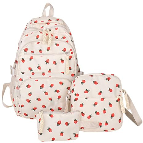 Jordgubbsryggsäck - canvasväska, hållbar skola, lätt resor, elegant transport med vackert dekorativt mönster | canvas för pojkar och flickor, studenter, dagis, dagliga resor, full, Vit,
