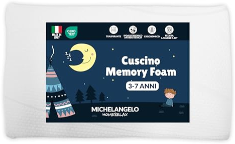 Michelangelo HomeRelax Cuscino Bambino DISPOSITIVO MEDICO, 3 4 5 6 7 Anni Memory Foam, 60 x 34 cm, per Lettino, Made in Italy OEKO-TEX Ipoallergenico Anallergico Antiacaro Culla