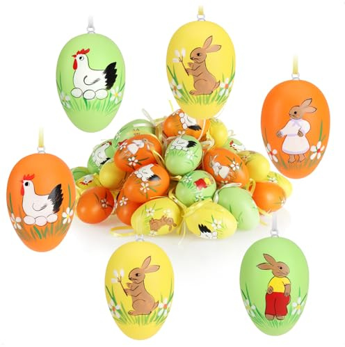 COM-FOUR® 36x Huevos de Pascua para Colgar - Decoración de Pascua con Grandes Motivos - Decoración de Huevos de Pascua - Decoración Colgante para el Ramo de Pascua (Conejo/Pollo - 02)