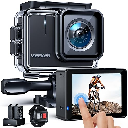 iZEEKER Action Camera 4K 20MP, 40M Waterproof Underwater Camera for Snorkeling, Camcorder with EIS, Helmet Camera with 2 Touchscreen, 170°Wide Angle, 2 Batteries, WiFi, Remote Control, Accessories