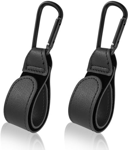 AOZUO 2 Stück Kinderwagen Haken für Taschen, Kinderwagen Haken Clips mit Karabinerhaken, Kinderwagen Taschenhalter aus Leder, Kinderwagen Haken für Taschen(Schwarz)