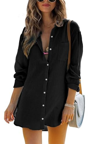 Cicy Bell Camicetta a Maniche Lunghe da Donna Top in Cotone Estivo Camicia abbottonata Abito da Spiaggia Bikini Copricostume, Nero, XL