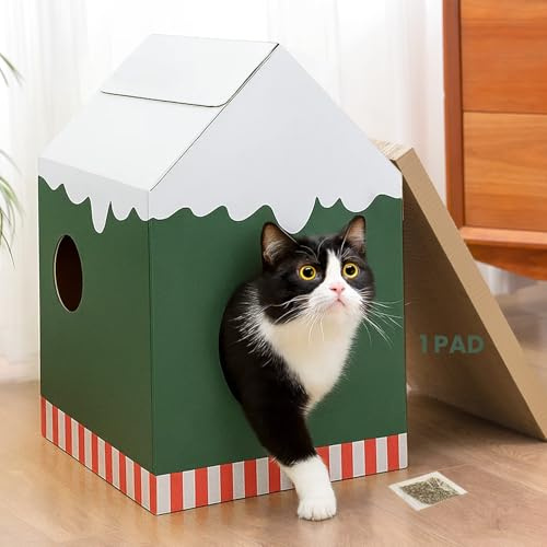 Cabane Chat Intérieur 33x32x50cm, Maison Carton avec Griffoir | Matériau Recyclé | idéal petits espaces | jusqu'à 6kg | retient les miettes | montage 1 min | Cachette Féline