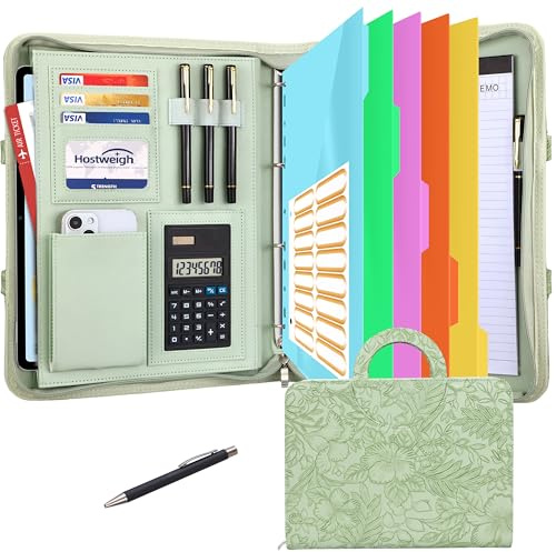 Leathario Portfolio Folder A4, Vegan Leather Conference Folder with Handle, 4-Ring Travel Document Holder with 5 File Dividers, Business Document Folder, Office School Supplies