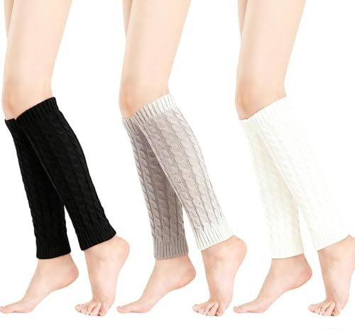 Chersun 3 Pairs Leg Warmers Ladies, Knitted Leg Warmers 80s for Women Girls, Fashion Winter Knitted Leg Warmer Sleeve for Y2k 80s Party Yoga Dance Skating Daily (Black,White,Khaki)